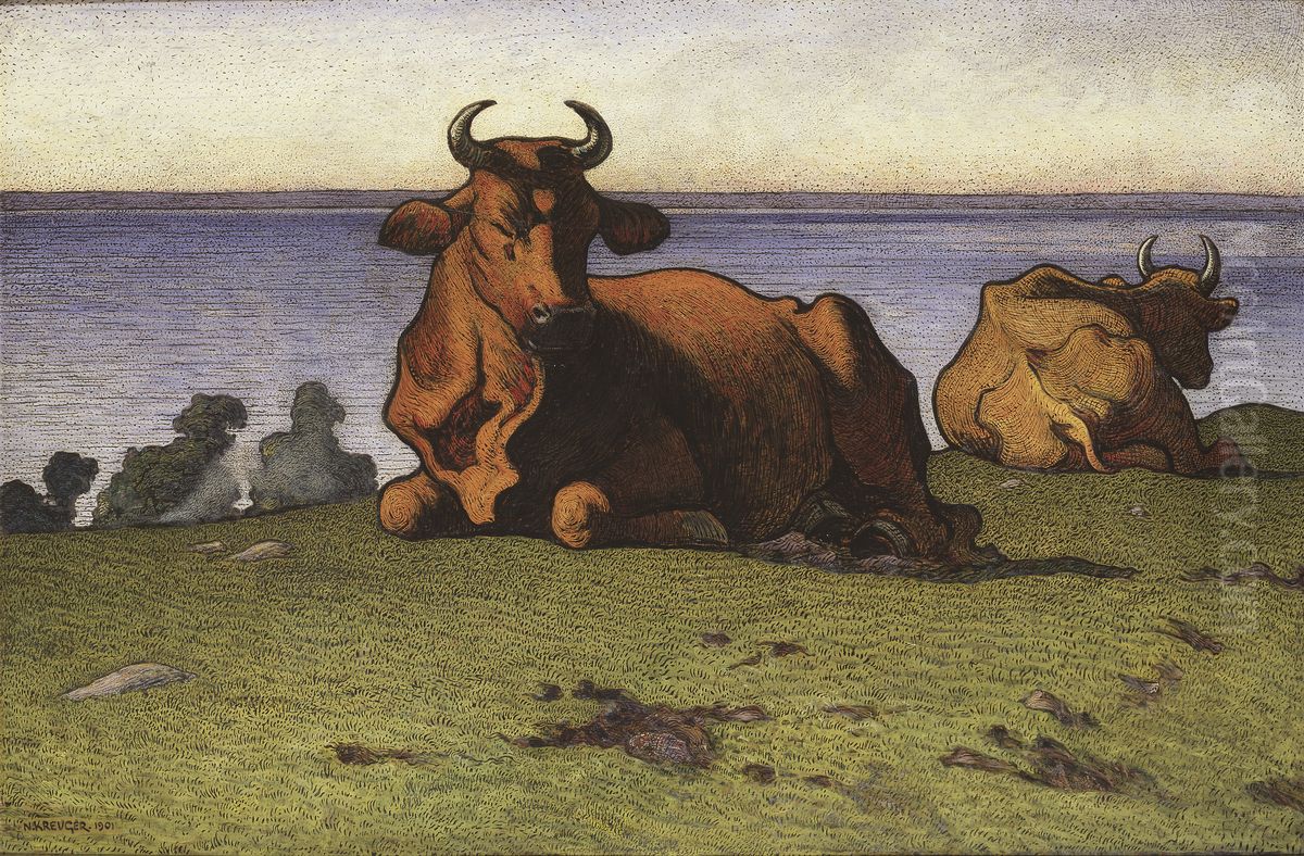 Resting Cows. Motif from Oland Oil Painting by Nils Kreuger