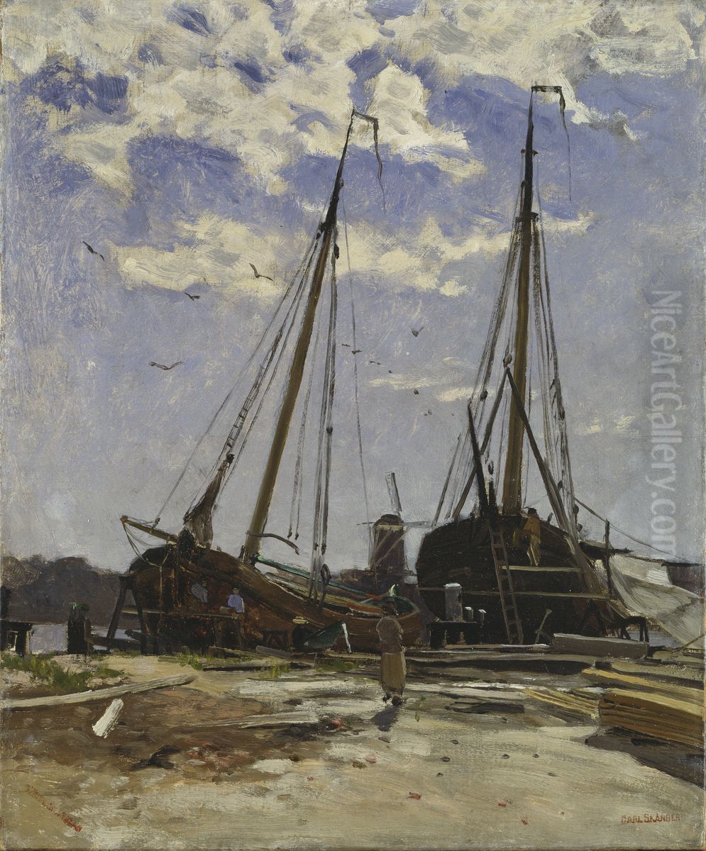 Studie till Hamnen i Dordrecht, 1880, Goteborgs konstmuseum Oil Painting by Carl Skanberg
