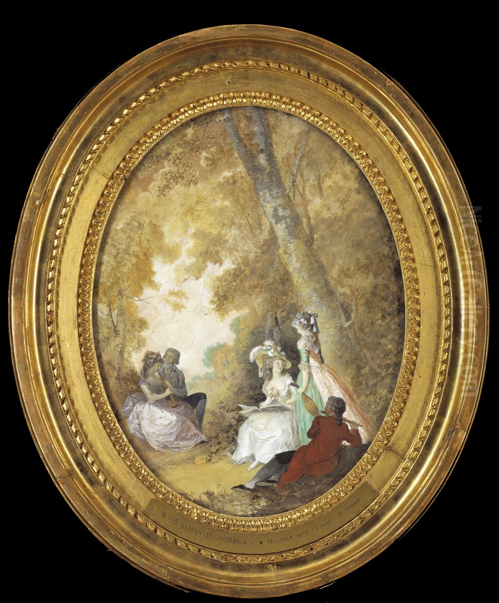 Ladies and Gentlemen Making Music in The Open Air Oil Painting by Niclas Lafrensen