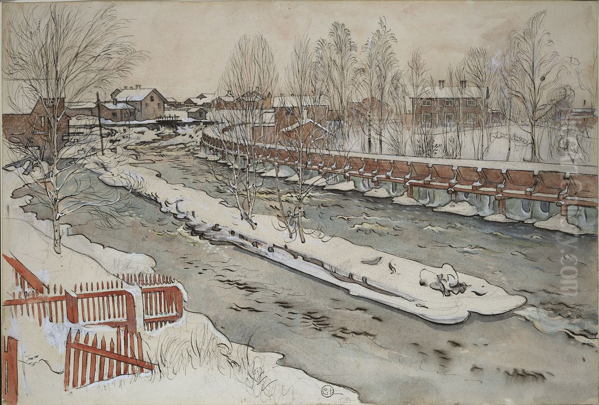 The Timber Chute. Winterscene. From A Home (26 watercolours) Oil Painting by Carl Larsson