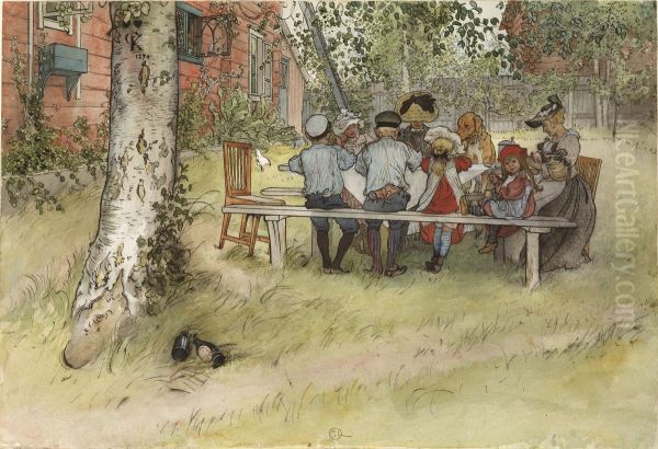 Breakfast under the Big Birch. From A Home (26 watercolours) Oil Painting by Carl Larsson