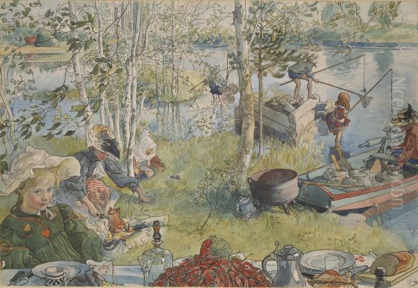 En pechant les ecrevisses. Aquarelle Oil Painting by Carl Larsson