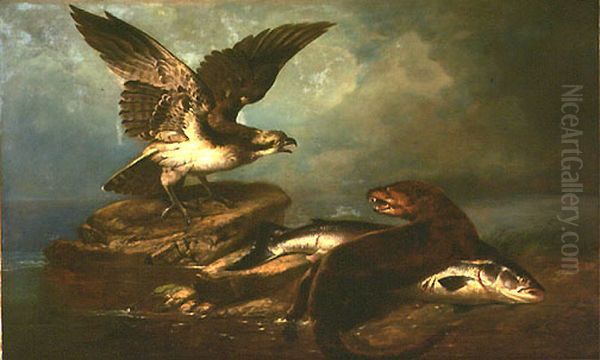 Osprey and the Otter and the Salmon Oil Painting by John James Audubon