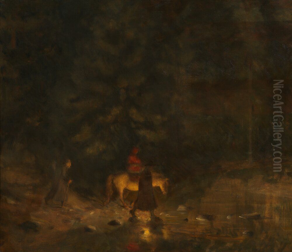 Flykten genom skogen Oil Painting by Erik Werenskiold