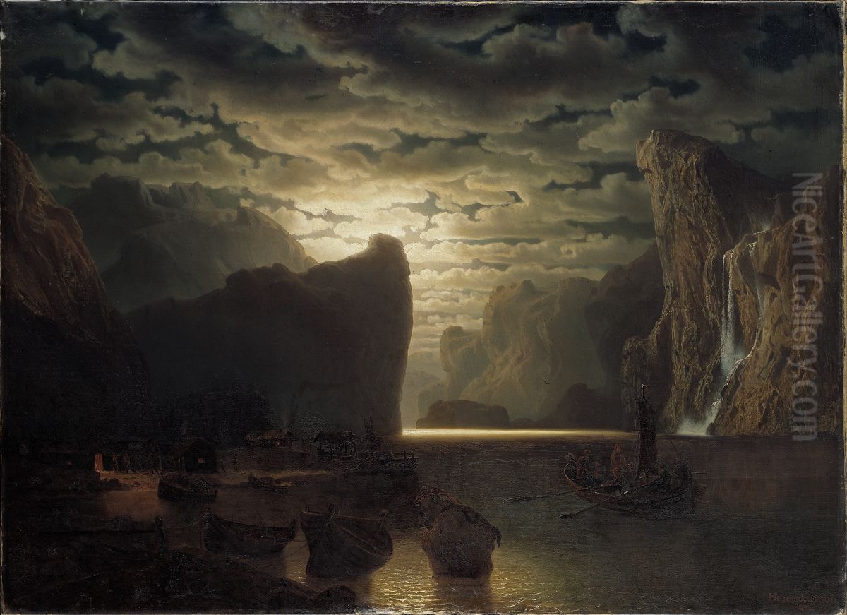 Norwegian Fjord in Moonlight. Motif from the Sogne-Fjord Oil Painting by Marcus Larson
