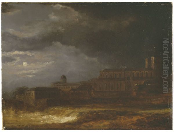 View of Uppsala. Landscape by Moonlight Oil Painting by Carl Johan Fahlcrantz