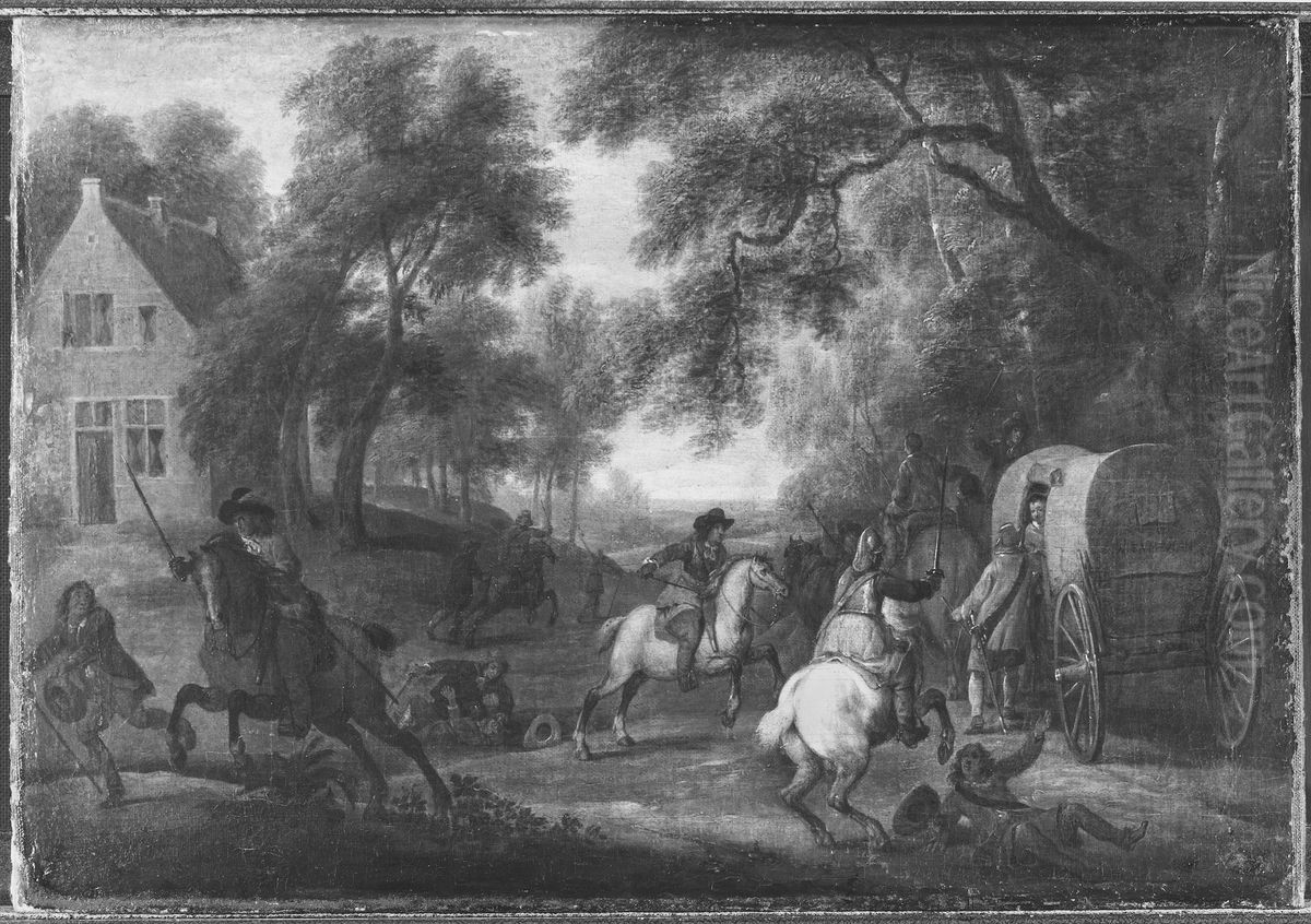 Soldater angripande tackt resvagn Oil Painting by Adam Frans van der Meulen