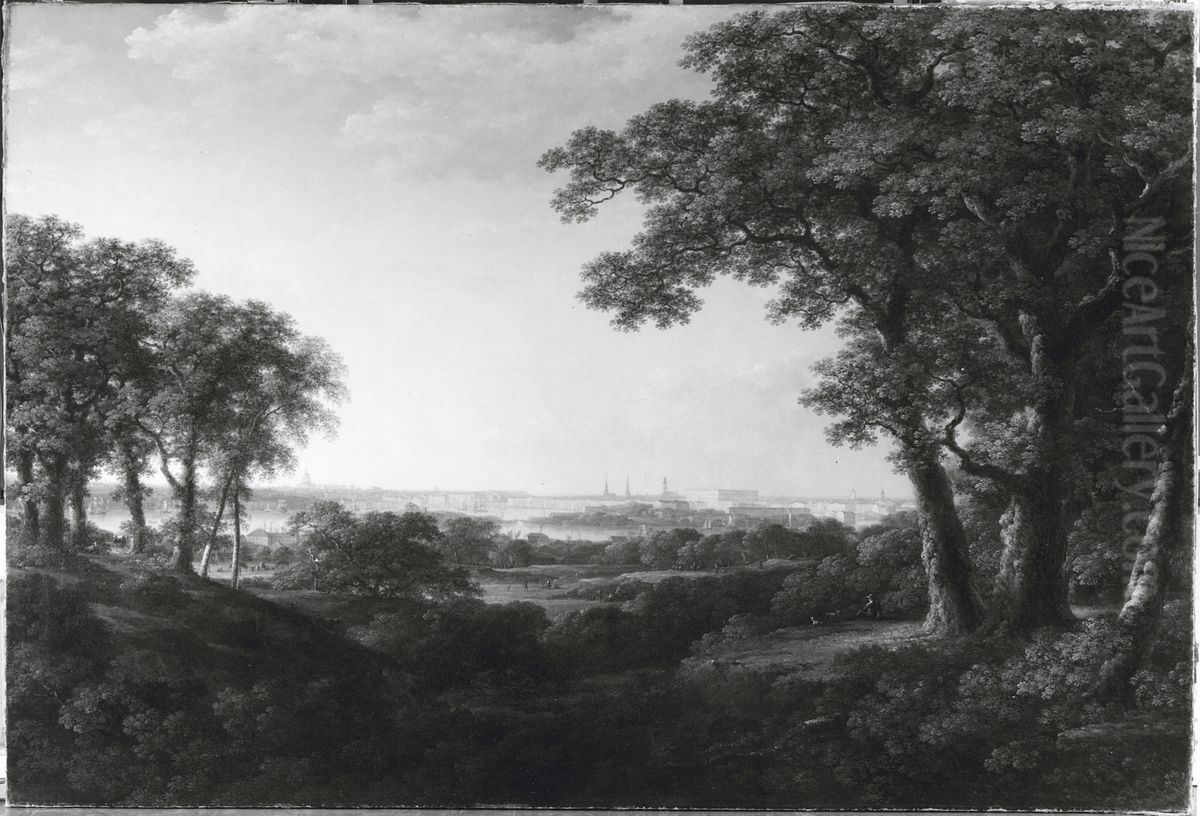 Utsikt over Stockholm fran Djurgarden Oil Painting by Carl Johan Fahlcrantz