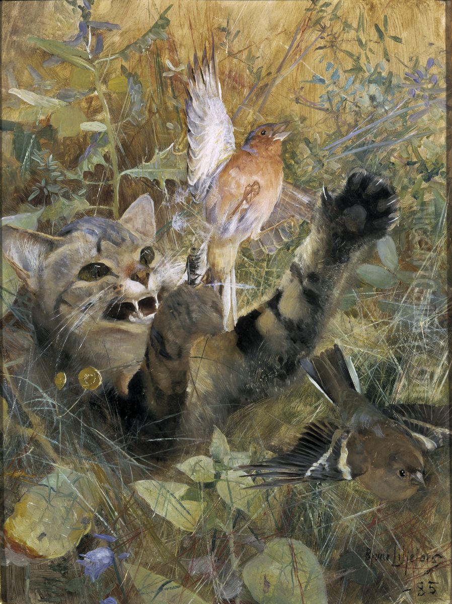 A Cat and a Chaffinch. Five animal studies in one frame, NM 2223-2227 Oil Painting by Bruno Andreas Liljefors