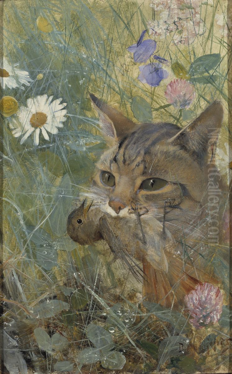 Katt med fagelunge i mun. En av fem djurstudier i samma ram, NM 2223-2227 Oil Painting by Bruno Andreas Liljefors
