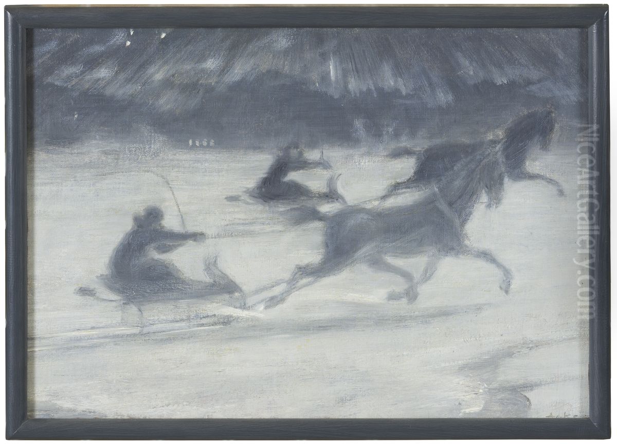 Sladfard pa isen. Illustration till Per Hallstroms novell Det evigt manliga Oil Painting by J.A.G. Acke