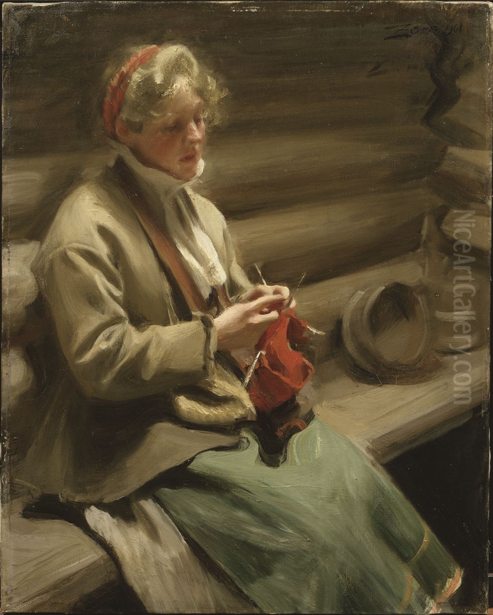 Dalecarlian Girl Knitting. Cabbage Margit Oil Painting by Anders Zorn