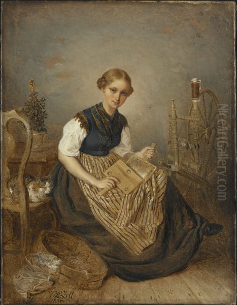 A Girl Carding Oil Painting by Kilian Christoffer Zoll