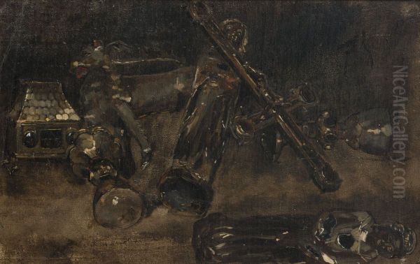 Kyrkliga karl och bilder. Studie till Valdemar Atterdag brandskattar Visby. Oil Painting by Carl Gustaf Hellqvist