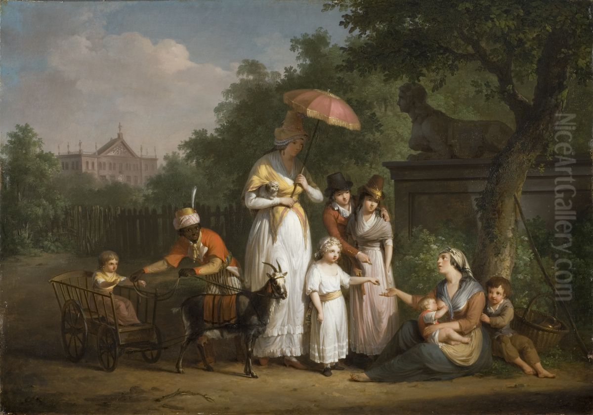 A Noble Family Distributing Alms in a Park Oil Painting by Mattheus Ignatius van Bree
