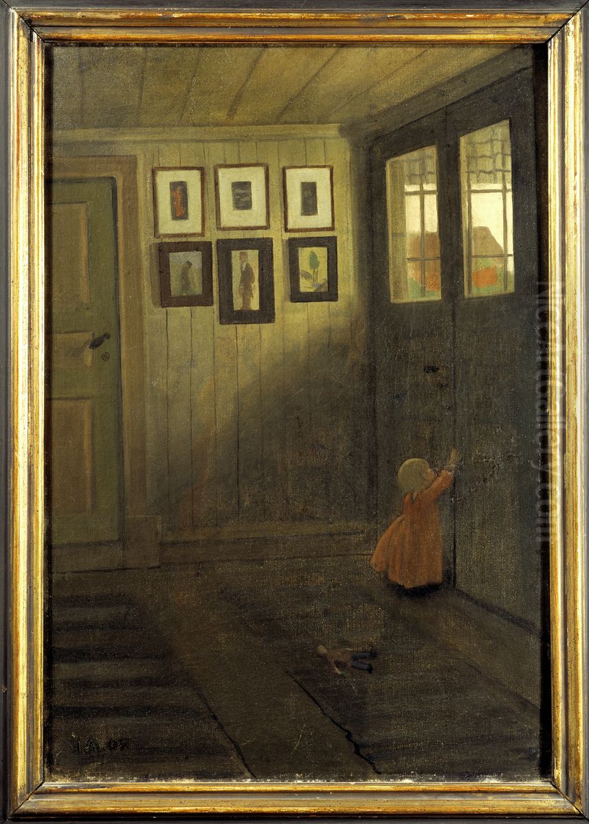 The Girl at the Door. Interior of the Artist's home, Alvangen Oil Painting by Ivar Arosenius