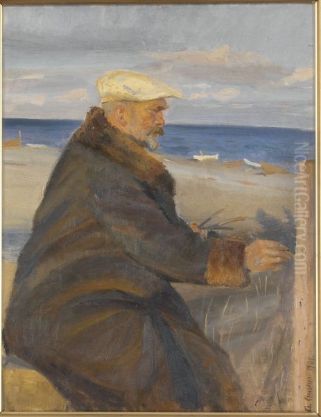 Michael Ancher Painting on the Shore. Oil Painting by Anna Ancher