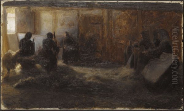 Flax-beating at Tidsvilde, Sjalland Oil Painting by Julius Paulsen