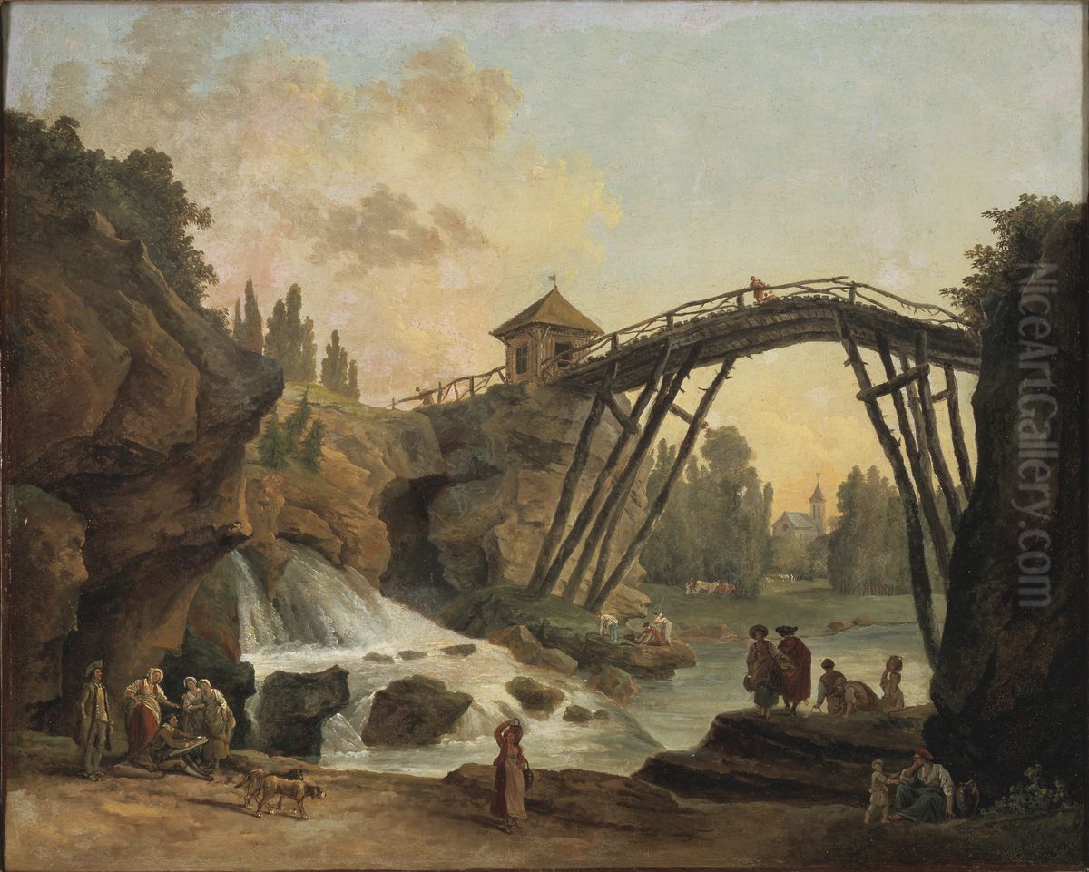 Vy av stora kaskaden och rustika trabron i parken vid Mereville Oil Painting by Hubert Robert