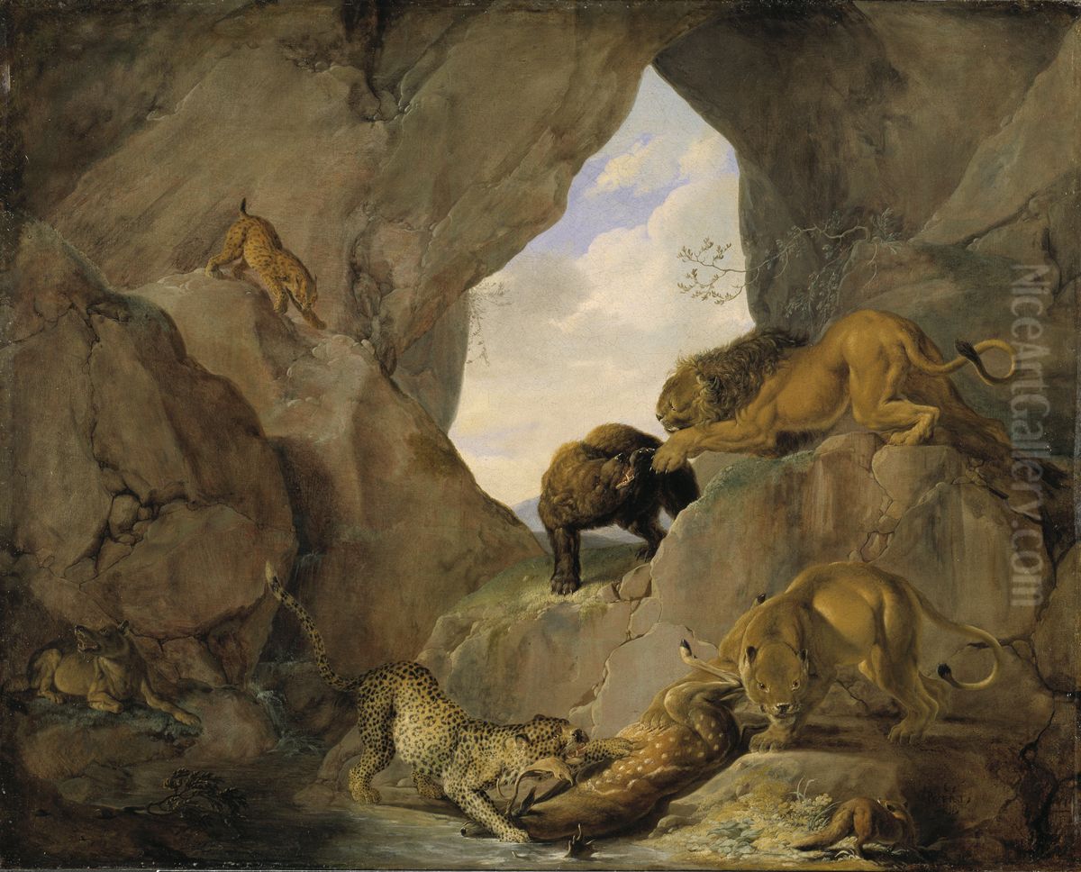 Wild Animals in a Mountain Gorge Oil Painting by Carl Borromaus Andreas Ruthart