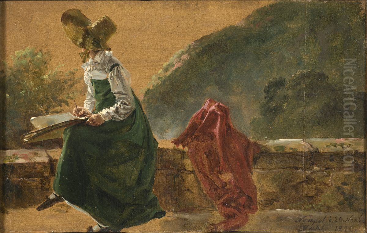 Princess Caroline Amalie Sketching in Naples. Study Oil Painting by Johan Wilhelm Ludwig Dahl
