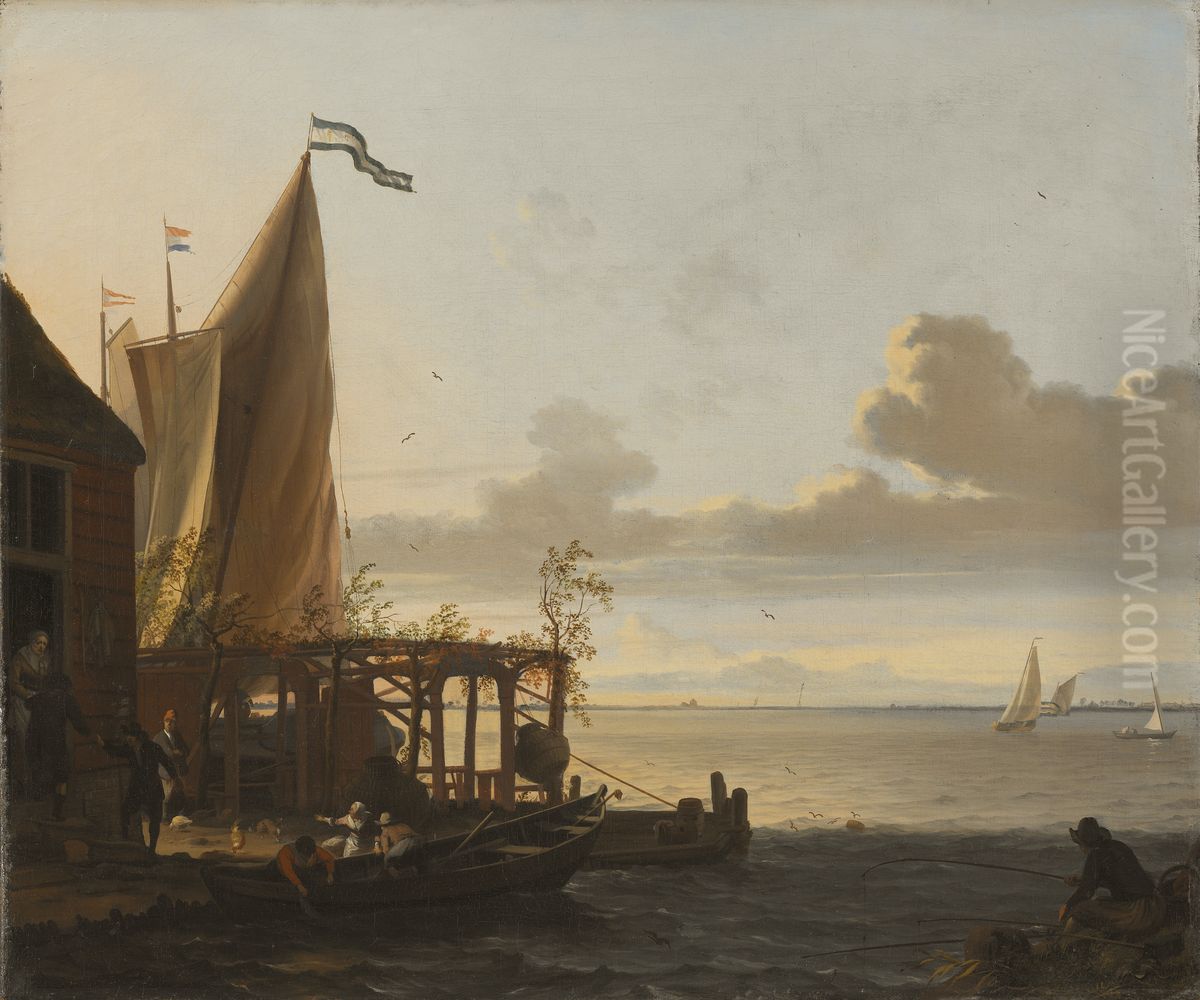 Landstigningsplats vid ett vardshus Oil Painting by Ludolf Bakhuizen