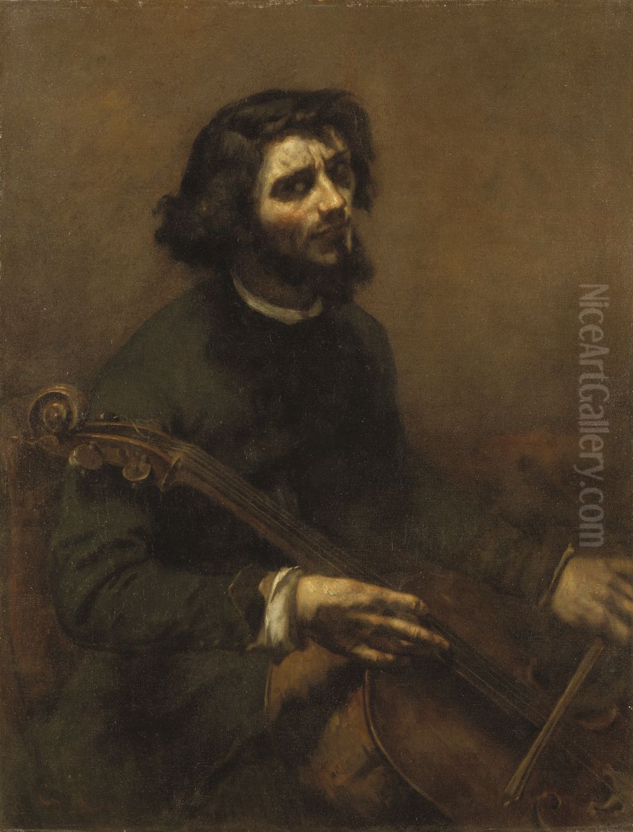 Violoncellisten (Sjalvportratt) Oil Painting by Gustave Courbet
