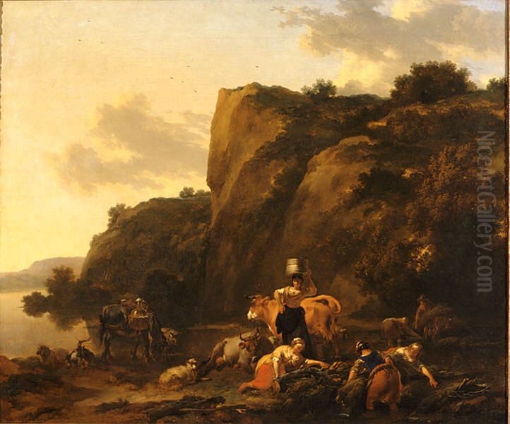 Landscape with Reed Gatherers Oil Painting by Nicolaes Pieterszoon Berchem
