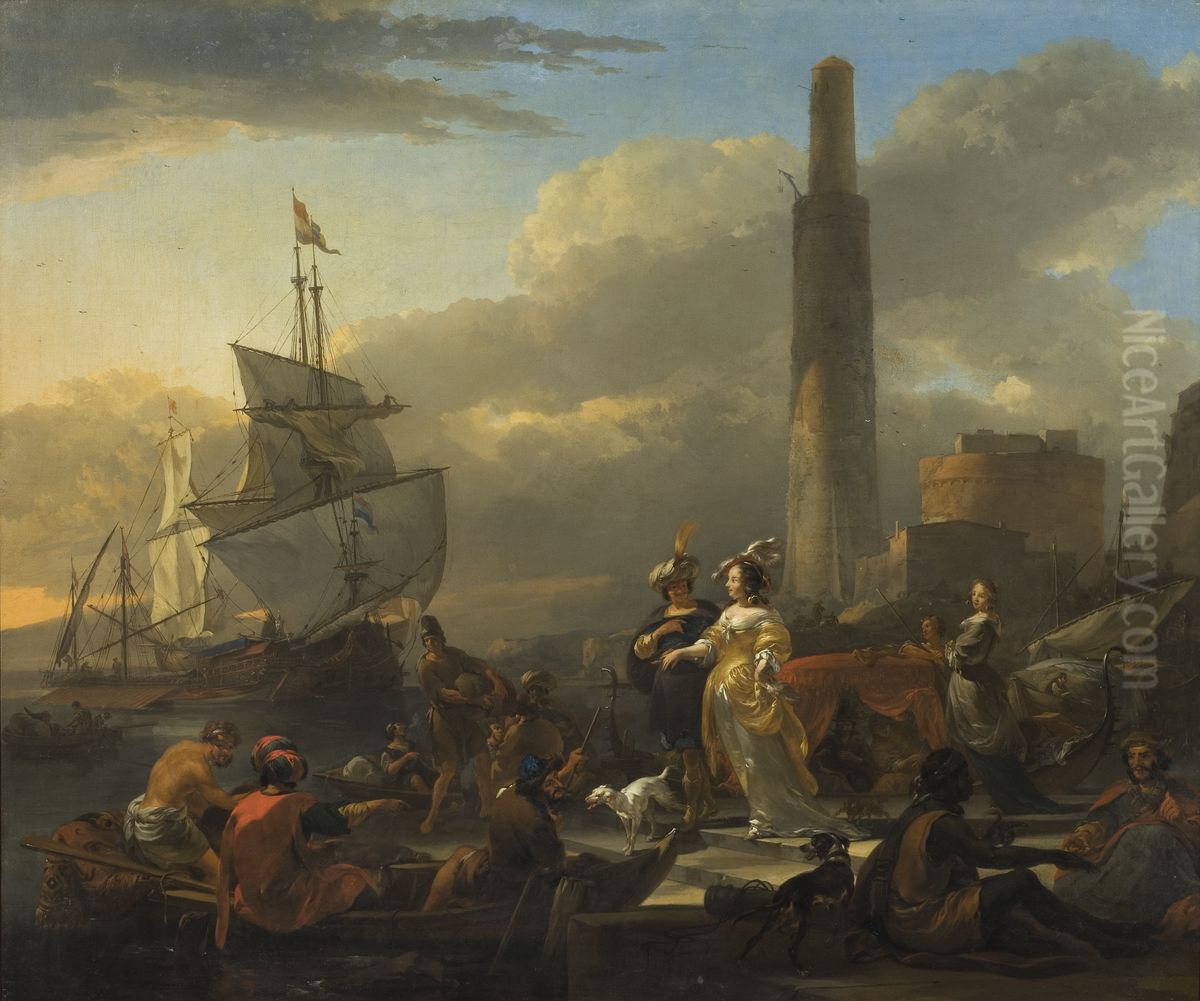 Hamnstycke med figurer Oil Painting by Nicolaes Pieterszoon Berchem