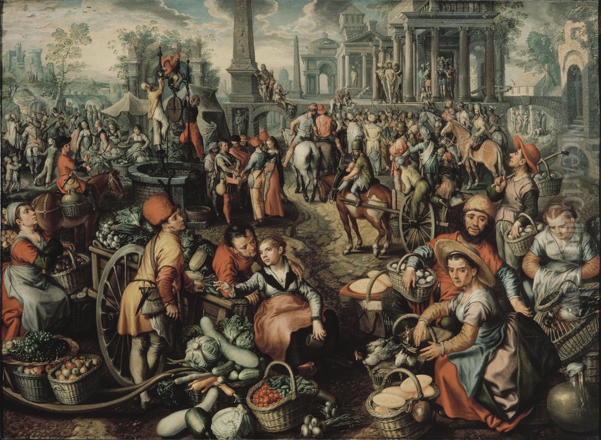 Market Scene: Ecce Homo, the Flagellation and the Carrying of the Cross Oil Painting by Joachim Beuckelaer