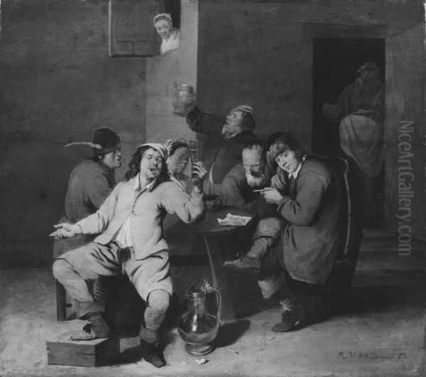Bondfolk i en olstuga Oil Painting by Mattheus van Helmont