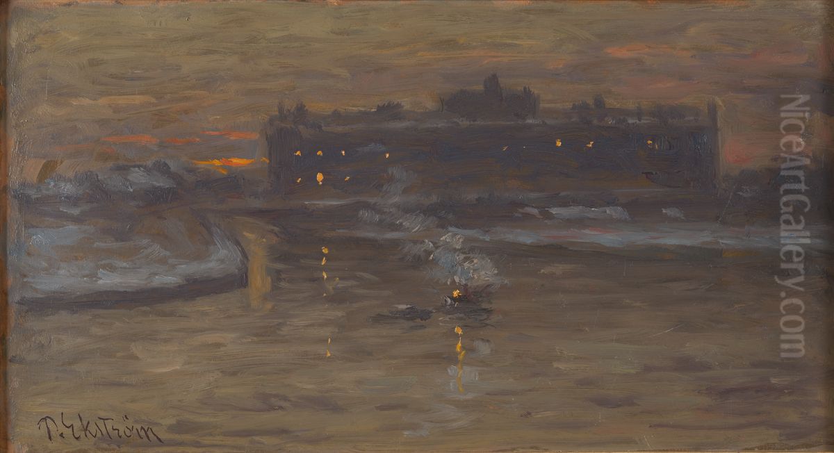 Vinternatt vid Stockholms strom Oil Painting by Per Ekstrom