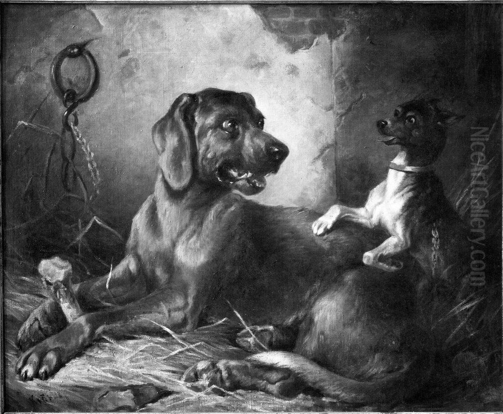 Tva hundar i ett stall Oil Painting by Carl Fredrik Kiorboe Tva hundar i ett stall Oil Painting by Carl Fredrik Kiorboe