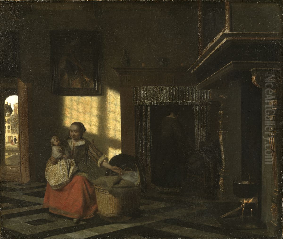 Interior with a Mother close to a Cradle Oil Painting by Pieter De Hooch