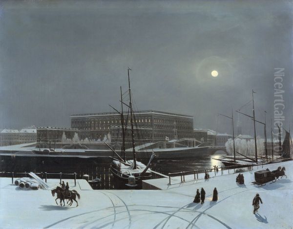 View of the Royal Palace of Stockholm. Winter Oil Painting by Carl Stefan Bennet
