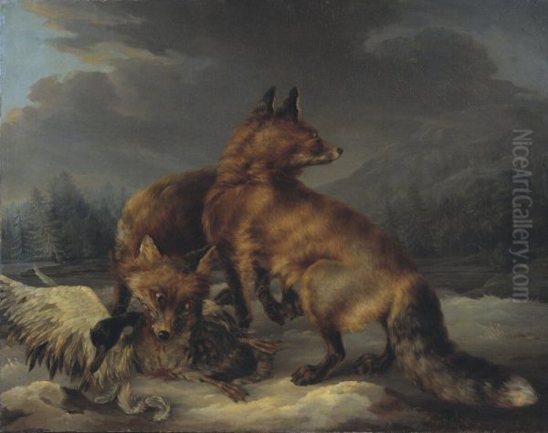 Two Foxes Oil Painting by Carl Fredrik Kiorboe