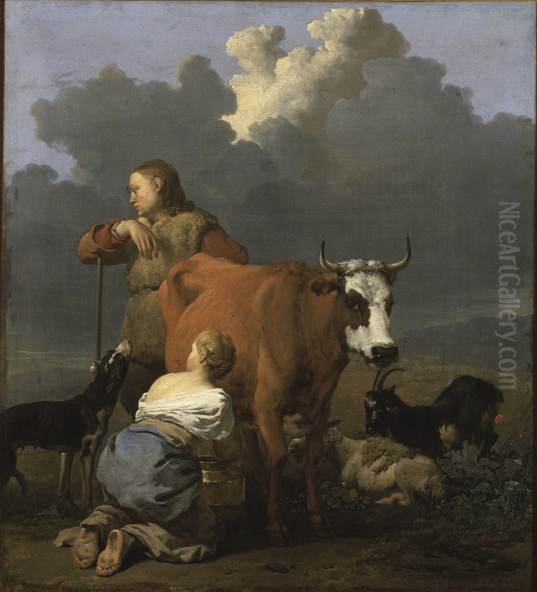 Woman Milking a Red Cow Oil Painting by Karel Dujardin