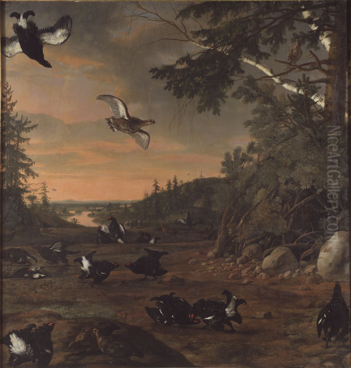 Black Cocks at Ground Oil Painting by David Klocker Ehrenstrahl