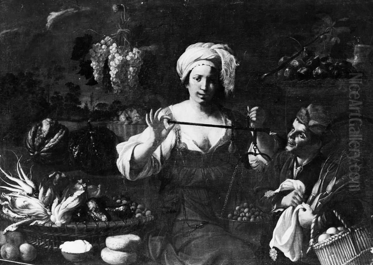 A Fruit Vendour and a Boy Oil Painting by Pietro Paolo Bonzi