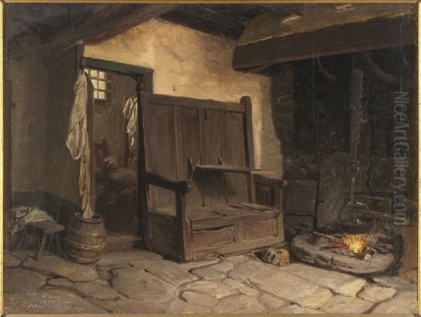 Interior fran en bondstuga. Studie Oil Painting by Josef Wilhelm Wallander