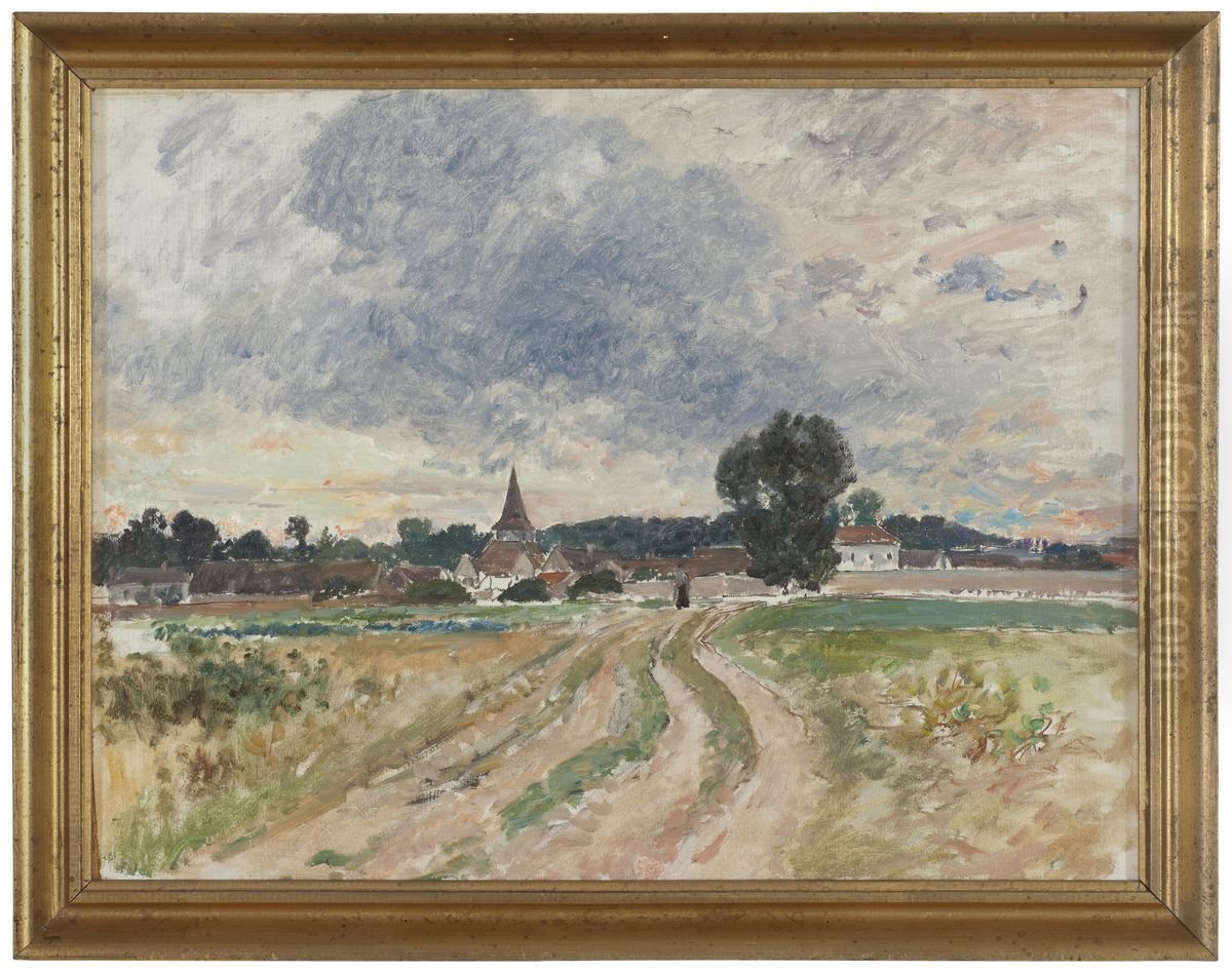 Landskap med en kyrka. Studie Oil Painting by Alfred Wahlberg
