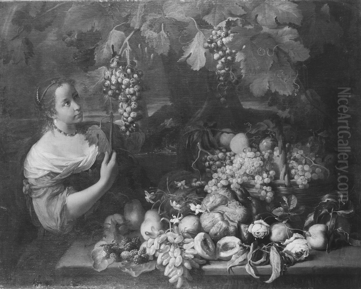 Flicka med druvklase och fruktstilleben Oil Painting by Abraham Brueghel