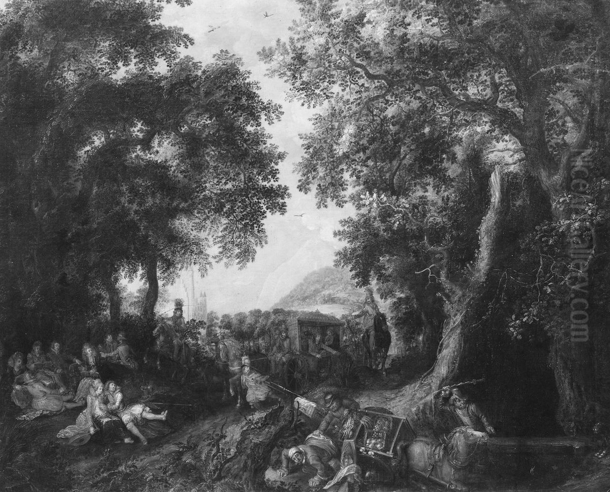 Landscape with a Hunting Party and an Overturned Wagon Oil Painting by David Vinckboons I