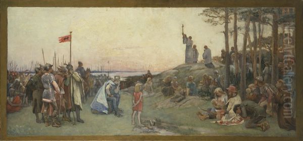 Ansgar Preaching Christianity. Second Proposed Decoration of the Walls in the Upper Hall of the Nationalmuseum Oil Painting by Gustaf Cederstrom