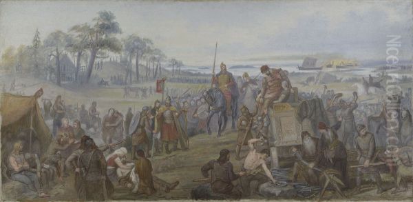 After the Battle of Fyrisvall. Proposed Decoration of the Walls in the Upper Hall of the NM Oil Painting by Marten Eskil Winge