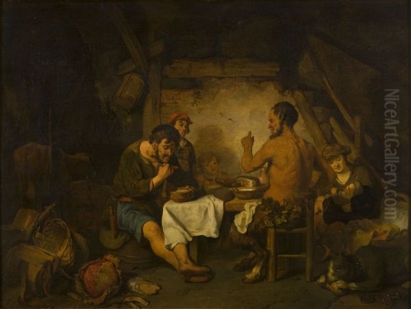 Historien om bonden och satyren fran Aisopos fabler Oil Painting by Gerbrand Van Den Eeckhout