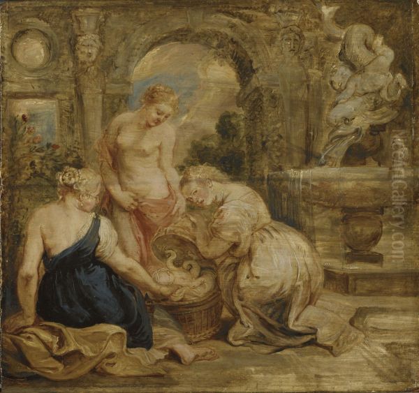 Cecrops' Daughters Finding Erichtonius. Sketch Oil Painting by Peter Paul Rubens
