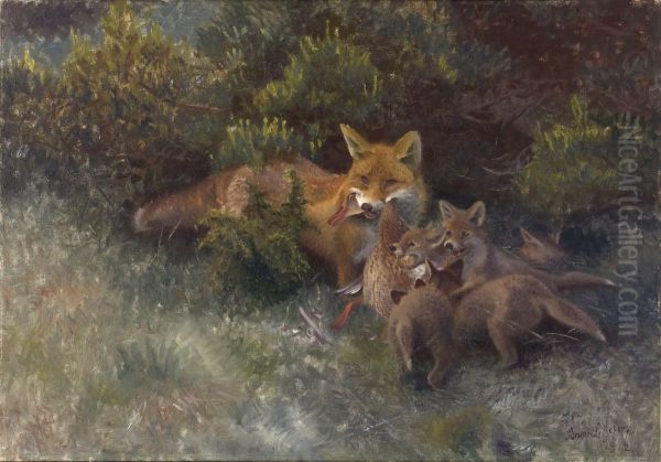 Fox with Cubs Oil Painting by Bruno Andreas Liljefors