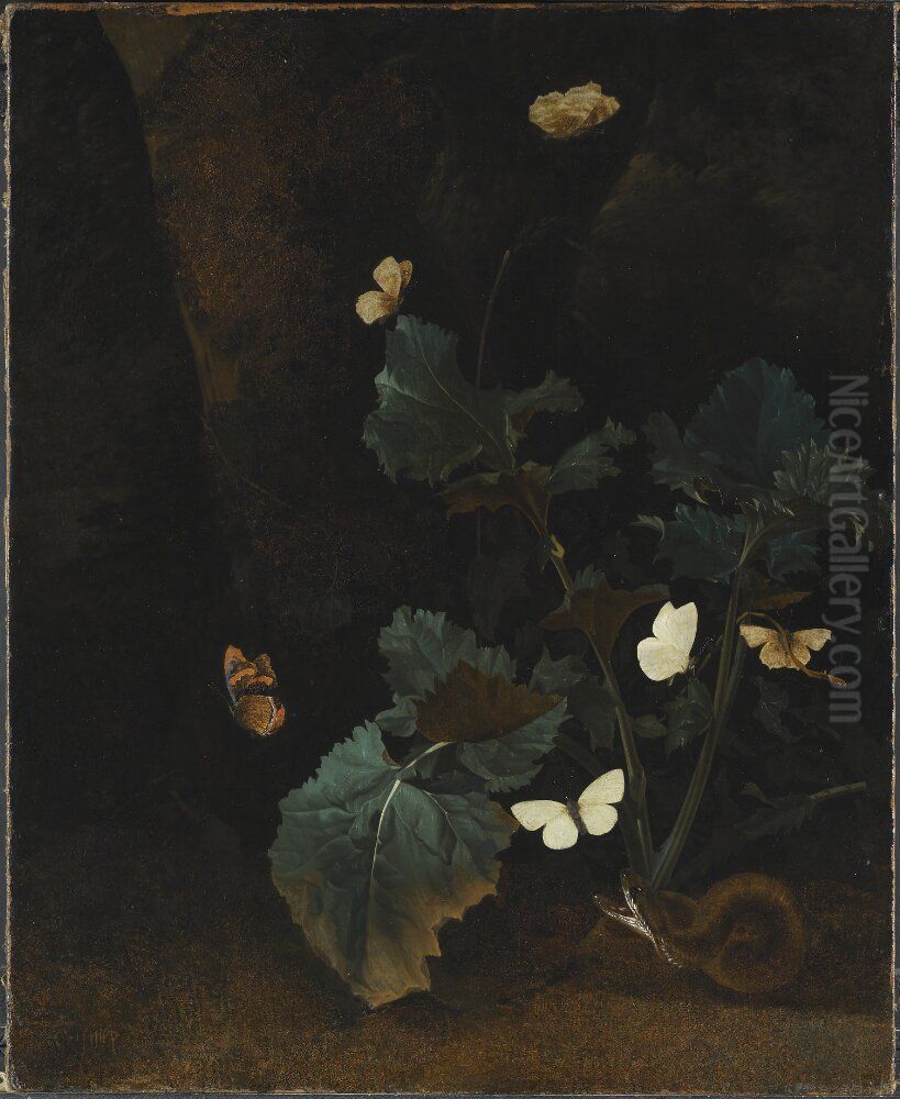 Herb Plant, Six Bright Butterflies and a Brown Serpent Oil Painting by Christiaen Striep