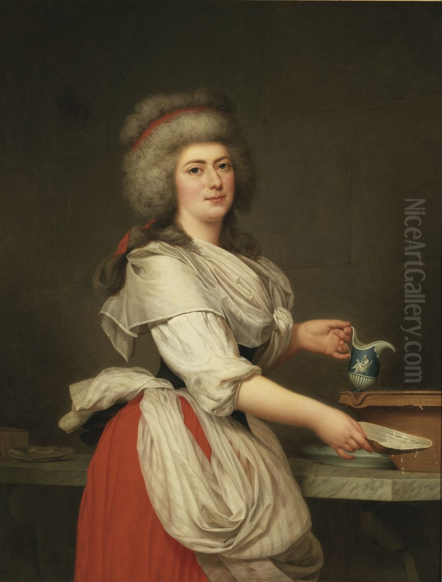 Drottning Marie Antoinettes vaninna, Madame A. Aughie, som mejerska i den kungliga mjolkkammaren vid Trianon Oil Painting by Adolf Ulrik Wertmuller